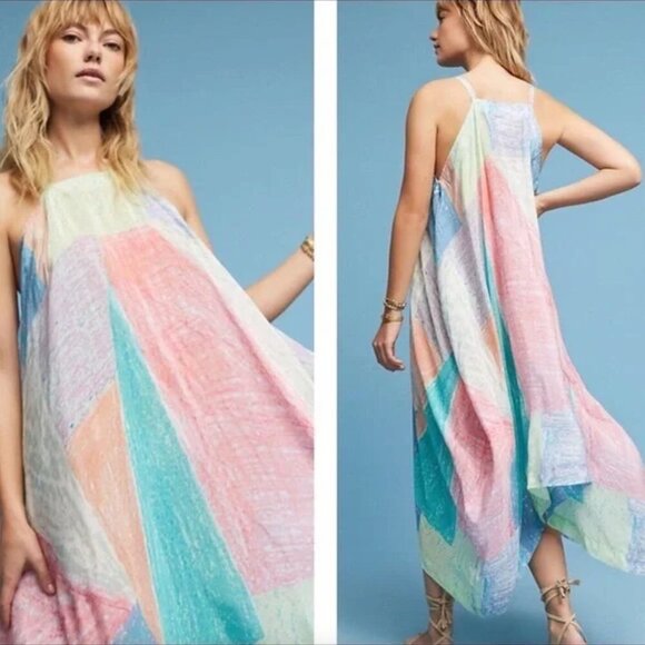 Anthropologie Lilka Annette Pastel Watercolor Patchwork Trapeze Maxi Midi Dress - Picture 2 of 10